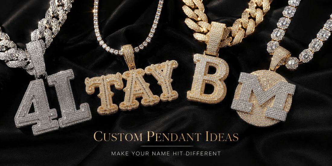 IceGrind custom pendant ideas cover with iced-out letter pendants and custom gold pendants on black satin