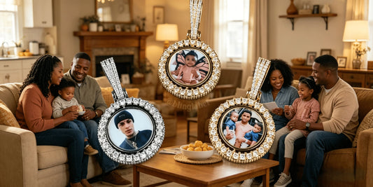 IceGrind personalized family photo pendants, gold and silver hip-hop jewelry with diamond borders