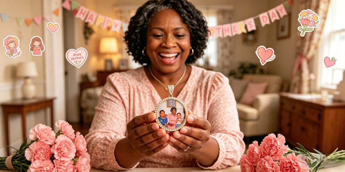 A smiling older mother holds up an Icegrind custom picture pendant, a sentimental Mother's Day gift featuring a family portrait, with flowers and decorations.