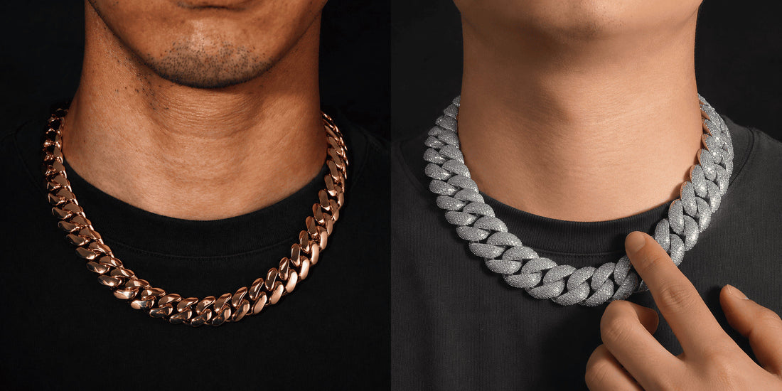 Iced Cuban link chain and plain rose gold Cuban link chain shown side by side on black shirts for a men’s chain comparison.