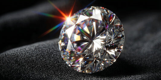 A single round brilliant-cut moissanite stone showcasing its exceptional fire and brilliance. The intricate faceting and spectrum of colors demonstrate the quality and fire of icegrind's flagship stone.