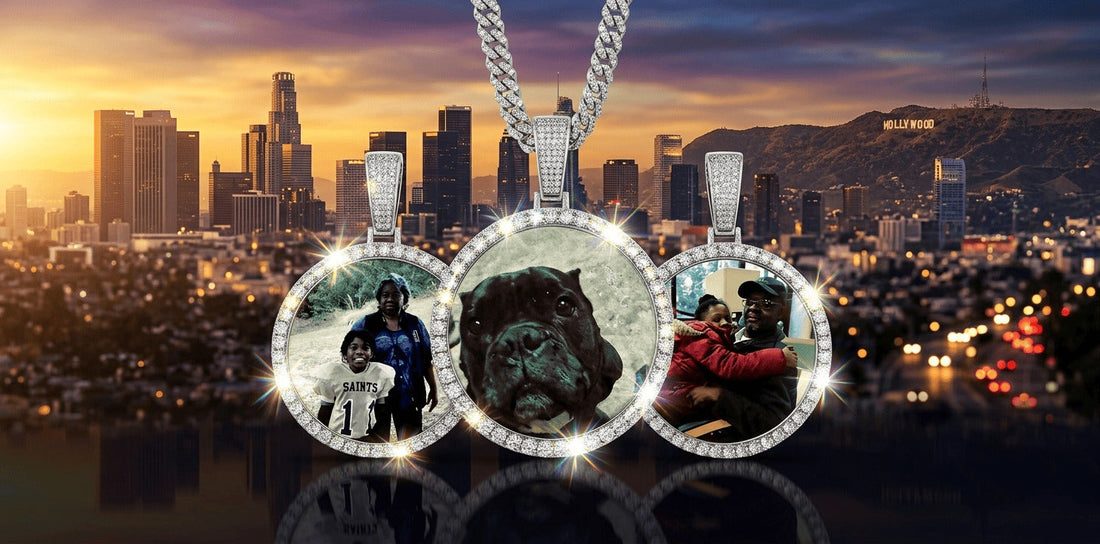 Round custom yellow gold icegrind photo pendant with a sparkling diamond border, showcasing a touching family portrait. A white arrow from a source photo to the pendant highlights the personalized design and memorial value.