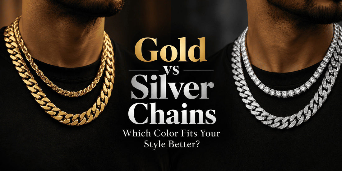 Men wearing gold and silver chains over black shirts, comparing warm gold tones with cool silver and white gold styles.