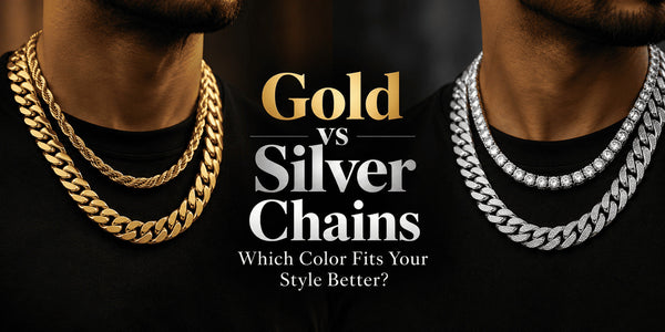 Men wearing gold and silver chains over black shirts, comparing warm gold tones with cool silver and white gold styles.
