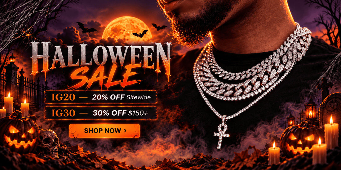 Halloween jewelry sale banner featuring layered iced chains, pumpkins, candles, and moonlight with IG20 20% off sitewide and IG30 30% off $150+.