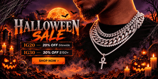 Halloween jewelry sale banner featuring layered iced chains, pumpkins, candles, and moonlight with IG20 20% off sitewide and IG30 30% off $150+.