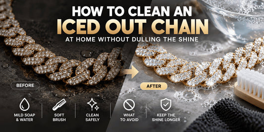 Before-and-after view of an iced out Cuban link chain being cleaned with mild soap, water, and a soft brush to restore its shine.