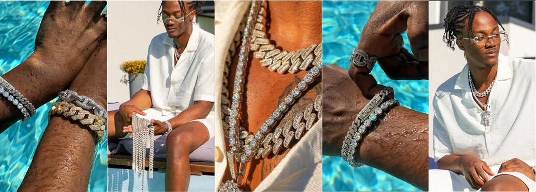 A five-image montage showcasing stacked icegrind Cuban link chains, rings, and bracelets worn by a man at a pool, with close-ups of specific pieces.