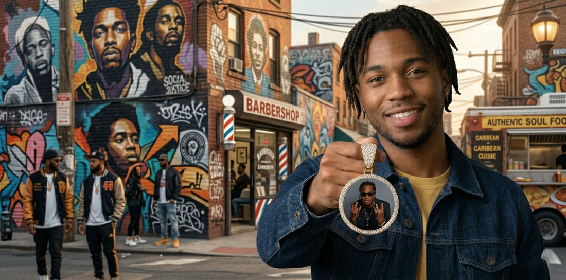 A young Black man in a Brooklyn neighborhood holding a sparkling icegrind photo pendant.