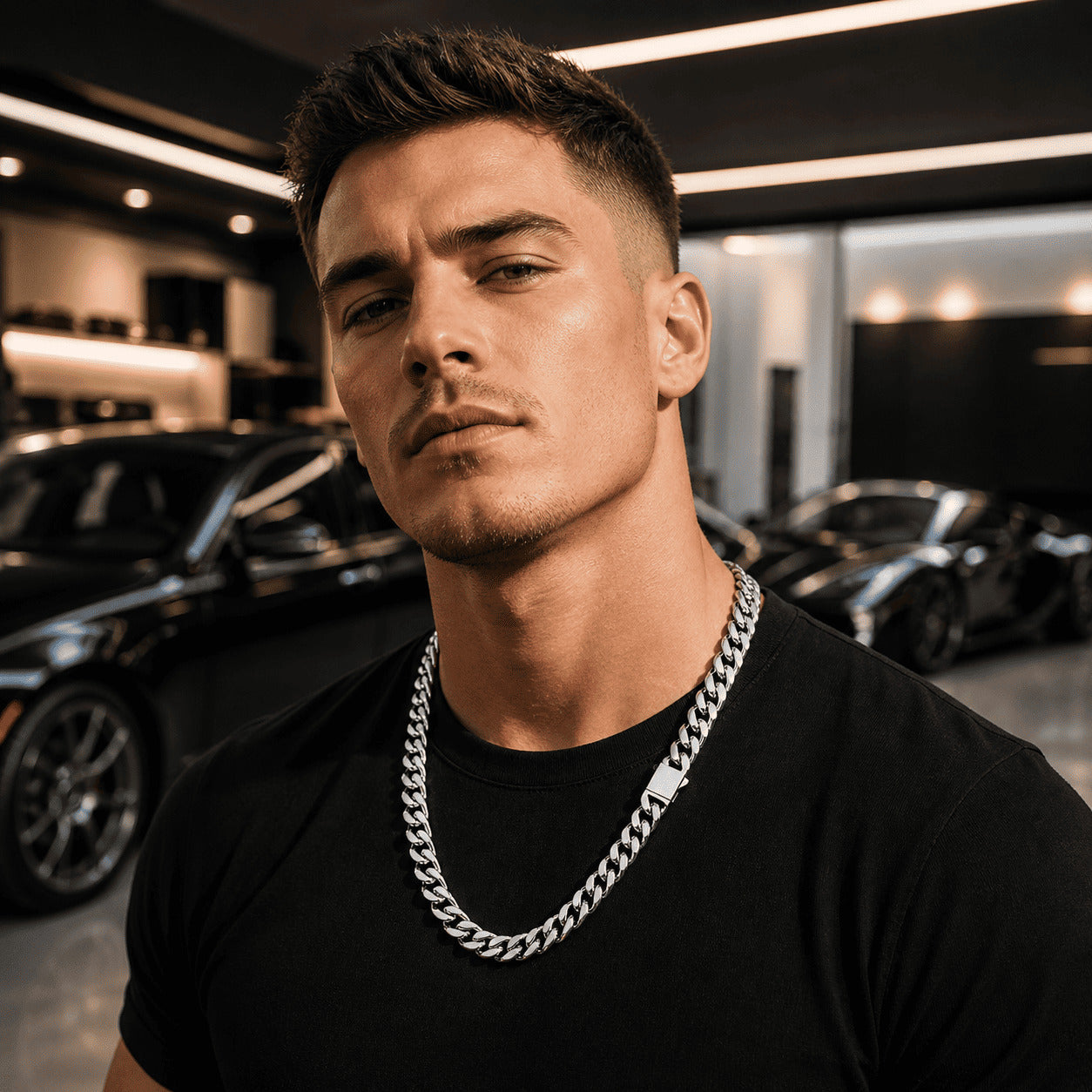 Professional portrait of a man wearing the IceGrind 12MM cuban link miami chain in a modern showroom, highlighting it as a versatile and powerful statement piece.