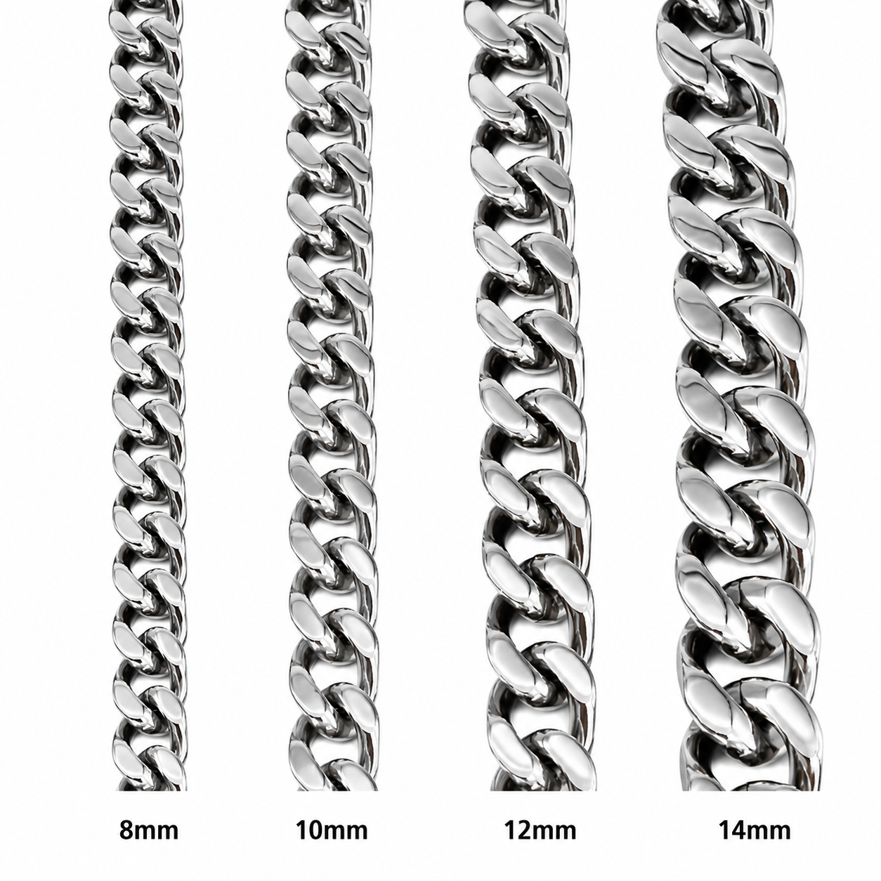 IceGrind silver Miami Cuban link chain width comparison showing 8mm, 10mm, 12mm, and 14mm polished chain options with clear reflective details.