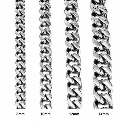 IceGrind silver Miami Cuban link chain width comparison showing 8mm, 10mm, 12mm, and 14mm polished chain options with clear reflective details.