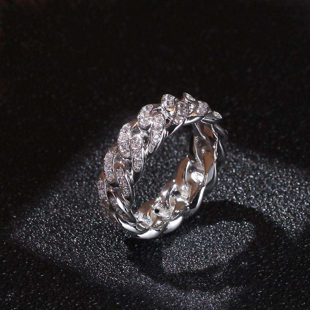 White Gold Cuban Link Ring - Iced Top Link Panels