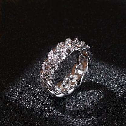 White Gold Cuban Link Ring - Iced Top Link Panels