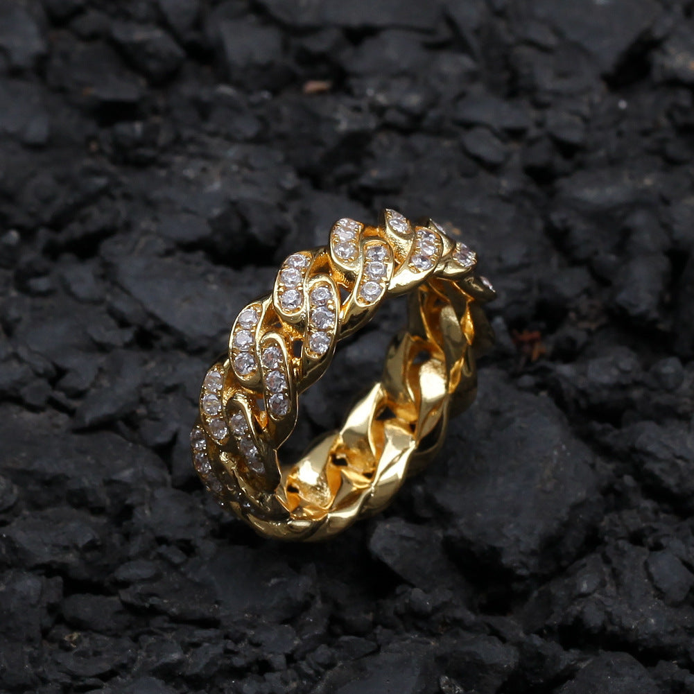 Gold Cuban Link Ring - Iced Top Link Panels