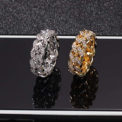 White Gold Cuban Link Ring - Iced Top Link Panels