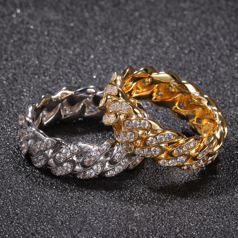 White Gold Cuban Link Ring - Iced Top Link Panels
