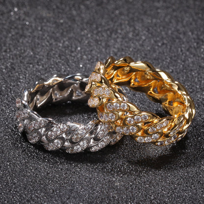 White Gold Cuban Link Ring - Iced Top Link Panels