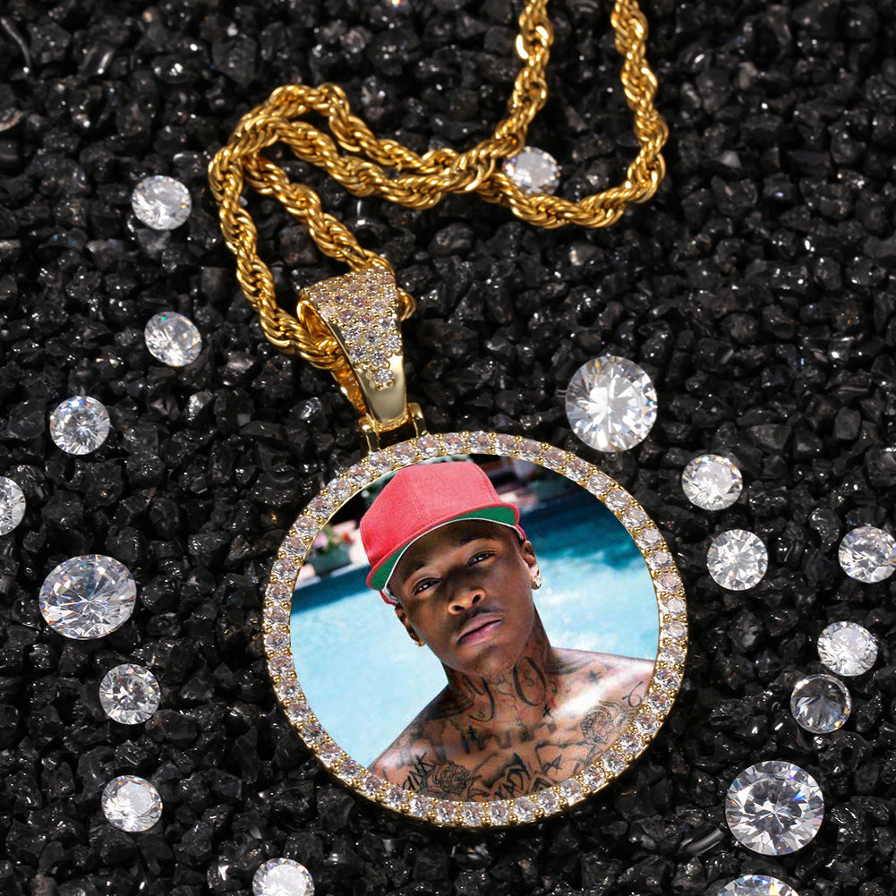 Gold Picture Pendant - Iced Out Round Medallion
