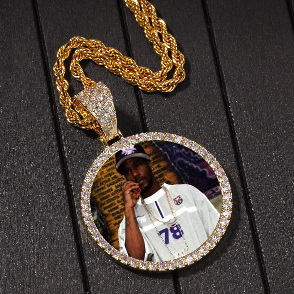 Gold Picture Pendant - Iced Out Round Medallion