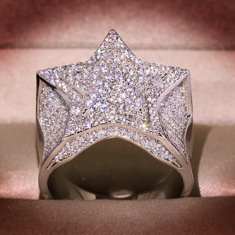 White Gold Star Ring - Raised Double-Layer Iced Star