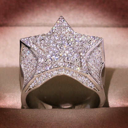 White Gold Star Ring - Raised Double-Layer Iced Star