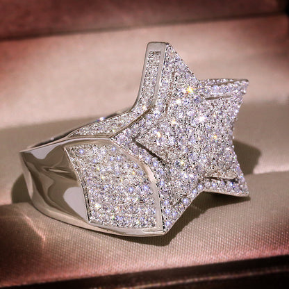 White Gold Star Ring - Raised Double-Layer Iced Star
