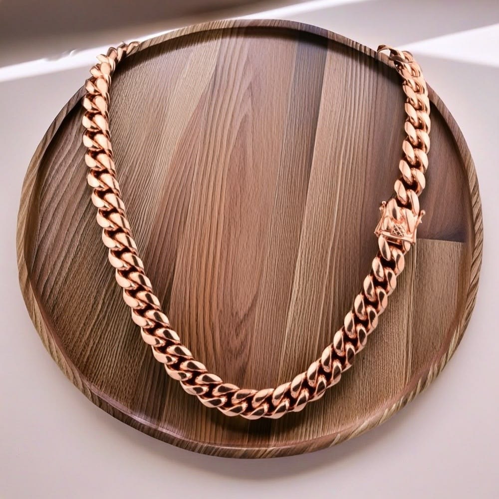 Curved 14MM rose gold Miami Cuban link chain laid
