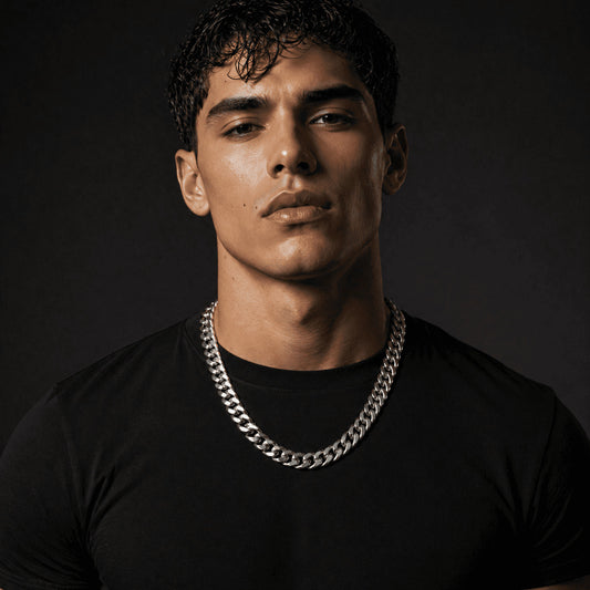 Handsome model wearing the gigantic IceGrind 12mm White Gold Miami Cuban Link Chain. A true showstopper cuban link miami chain.