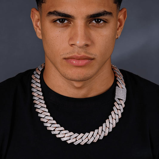 20MM Rose/White Gold Iced Out Cuban Link Chain - 3-Row VVS