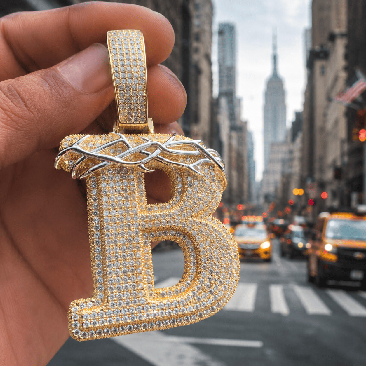 Gold Custom Initial Pendant - Iced Out Thorn Crown Letter
