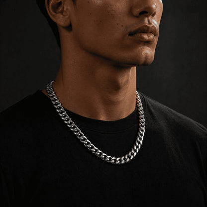 Macro neck profile highlighting the extreme thickness of the IceGrind 12mm White Gold Miami Cuban Link Chain. A flawless, colossal cuban link miami chain.