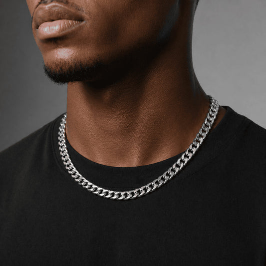 Detailed neck close-up showcasing the flat fit of the IceGrind 8mm White Gold Miami Cuban Link Chain. Premium everyday cuban link miami chain.