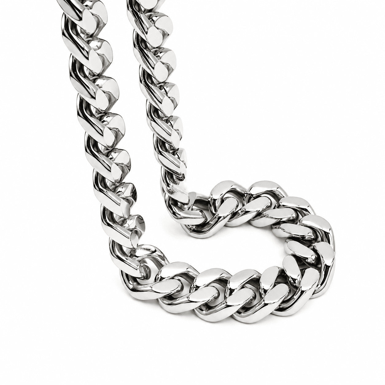he IceGrind Miami Cuban Link Chain displayed on a clean white background, showing the fluid movement and classic curb-style design of the polished links.
