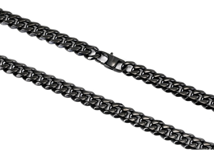 Two 8MM black Cuban link chains arranged in parallel against a white background