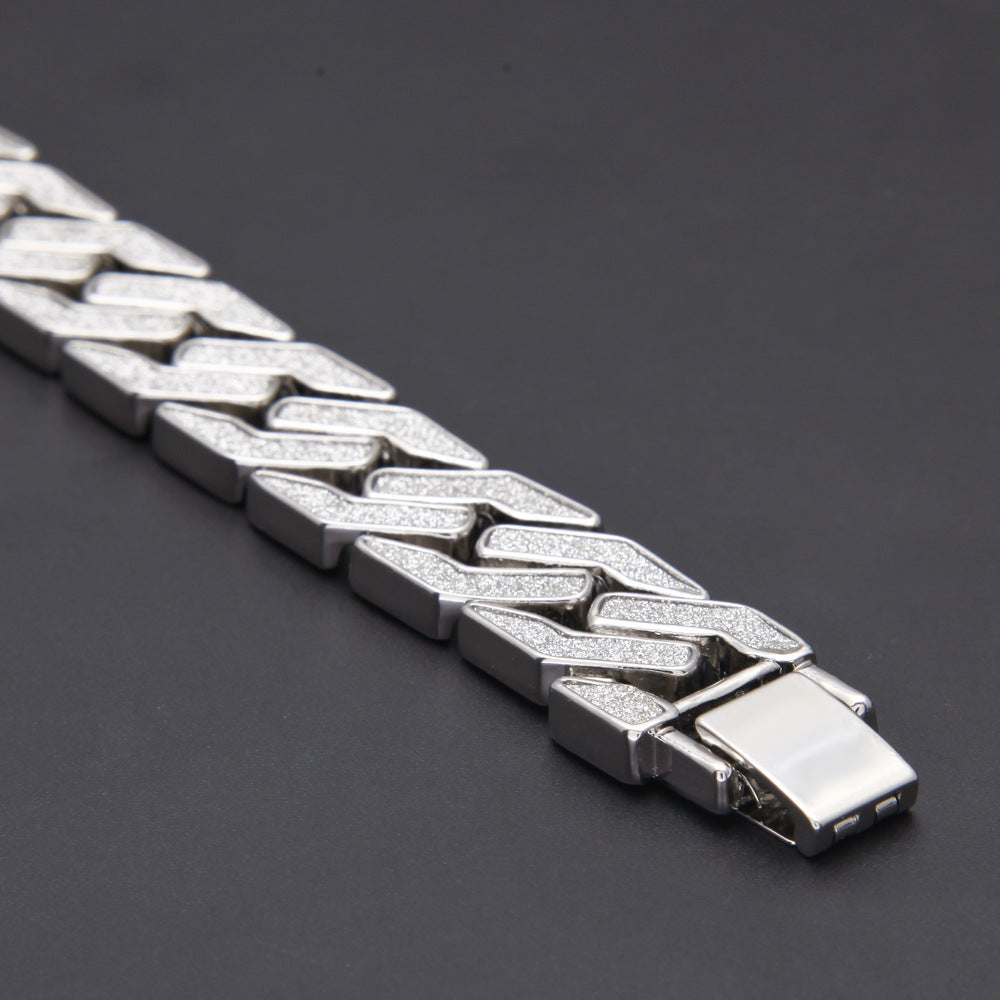 16MM White Gold Cuban Link Bracelet - Silver Glitter Chevron Links