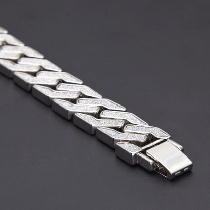 16MM White Gold Cuban Link Bracelet - Silver Glitter Chevron Links