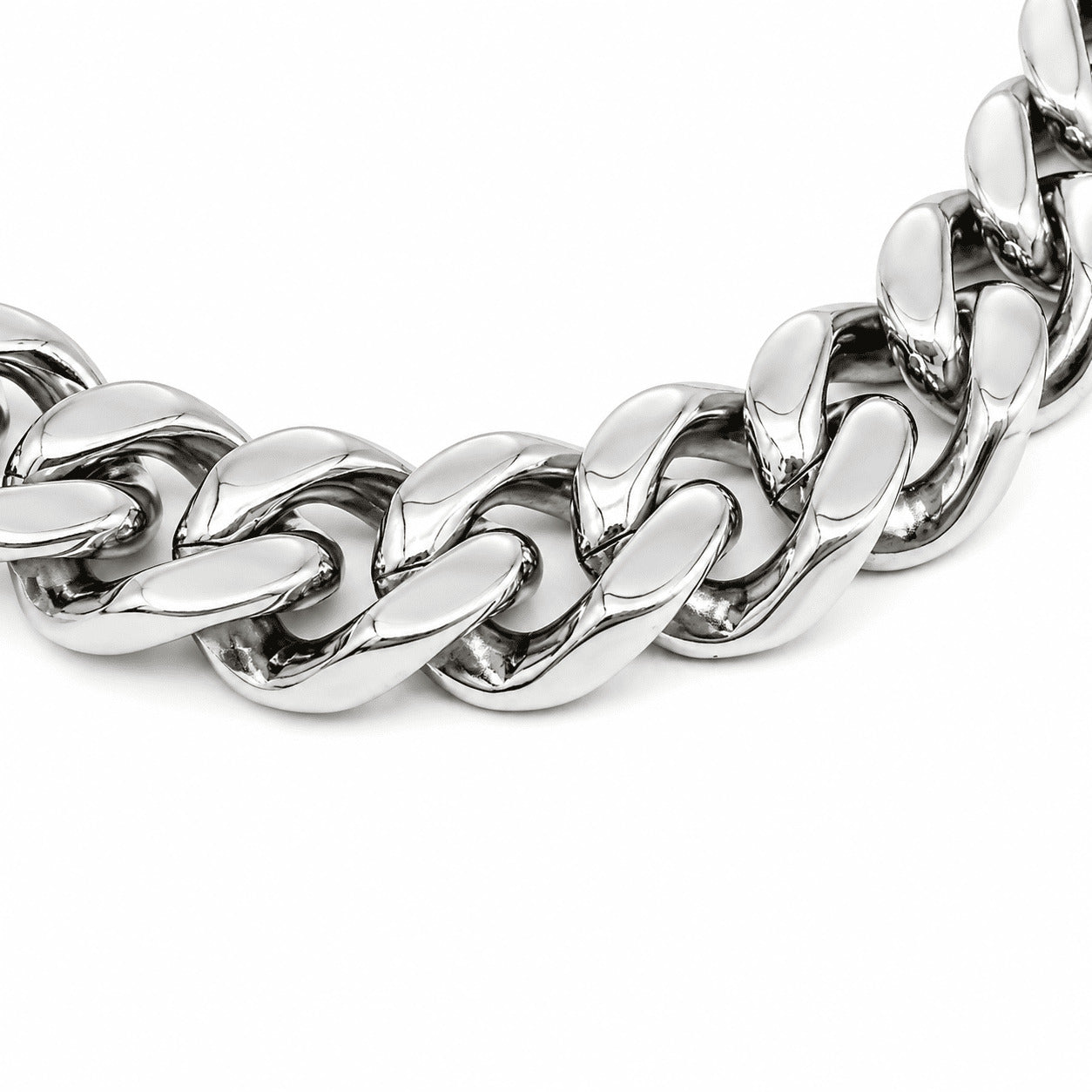 An extreme close-up shot of the silver links on the IceGrind  cuban link miami chain, capturing the flawless craftsmanship and reflective surface of the metal.