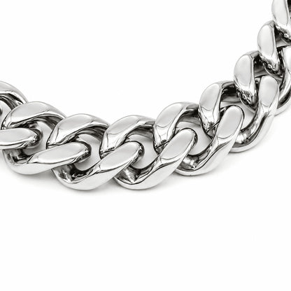 An extreme close-up shot of the silver links on the IceGrind  cuban link miami chain, capturing the flawless craftsmanship and reflective surface of the metal.