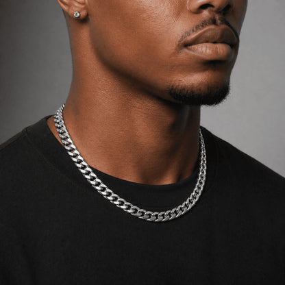Side profile highlighting the anti-flip design of the IceGrind 8mm White Gold Miami Cuban Link Chain. Sleek 8mm cuban link miami chain.