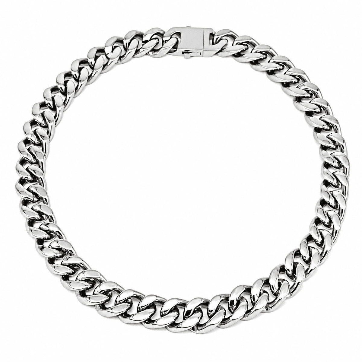 white gold Miami Cuban link chain displayed in a circular loop against a white background with its box clasp visible