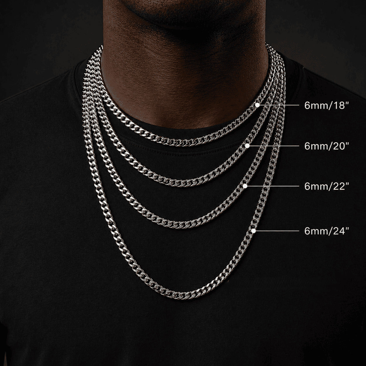 Length size guide for the icegrind 6mm White Gold Miami Cuban Link Chain. Compare 18 to 24 inch cuban link miami chains.