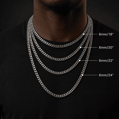 Length size guide for the icegrind 6mm White Gold Miami Cuban Link Chain. Compare 18 to 24 inch cuban link miami chains.