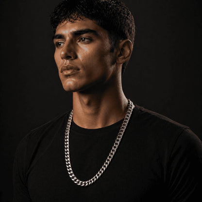 Side angle capturing the commanding presence of the IceGrind 12mm White Gold Miami Cuban Link Chain. A heavy-duty, king-size cuban link miami chain.