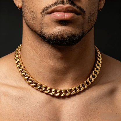 12MM 18k gold cross Cuban link chain displayed on a model on a dark textured surface