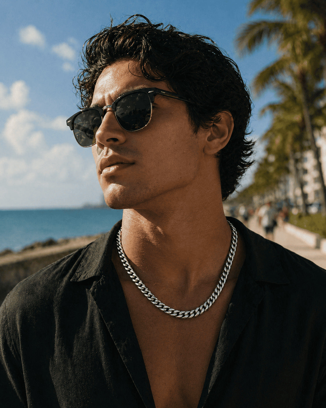 Outdoor resort style with the IceGrind 8mm White Gold Miami Cuban Link Chain. A versatile and bold summer cuban link miami chain.