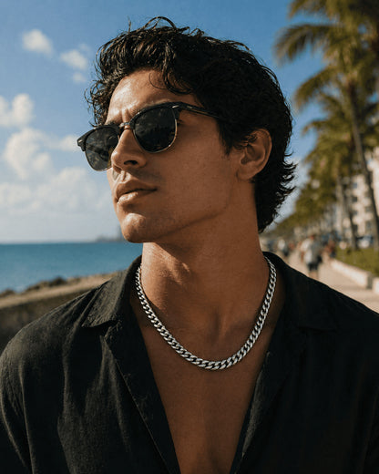 Outdoor resort style with the IceGrind 8mm White Gold Miami Cuban Link Chain. A versatile and bold summer cuban link miami chain.
