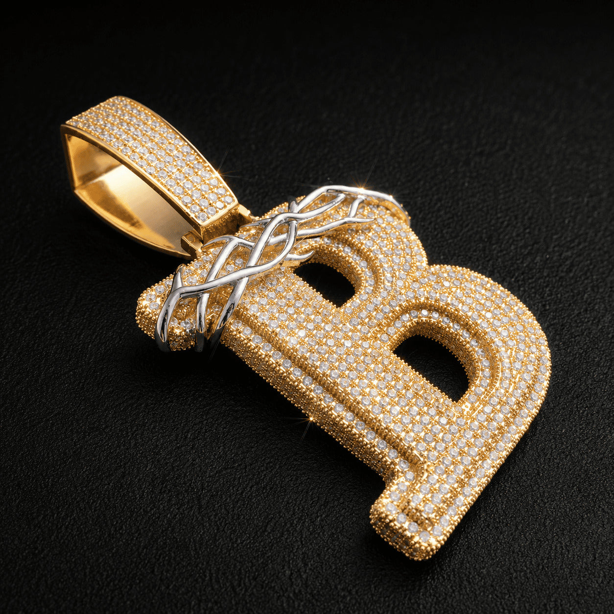 Gold Custom Initial Pendant - Iced Out Thorn Crown Letter