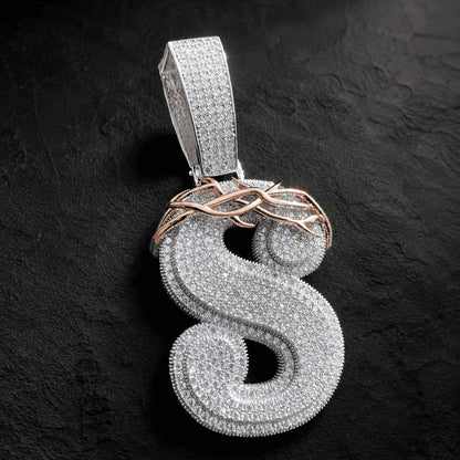White Gold Custom Initial Pendant - Iced Out Thorn Crown Letter