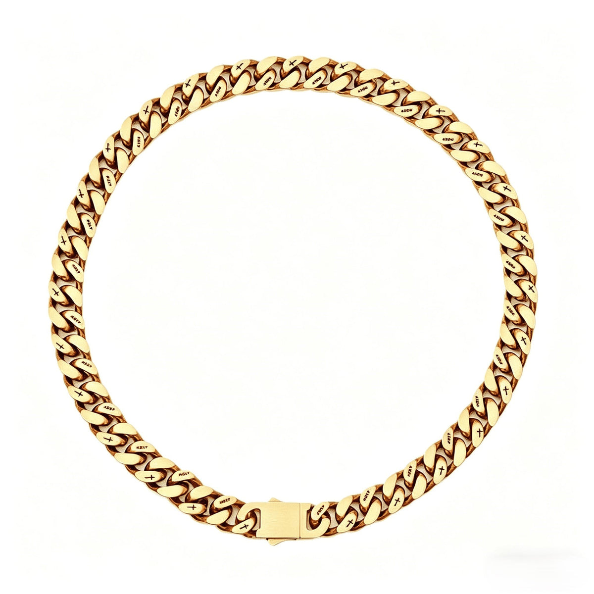 12MM 18k gold cross Cuban link chain displayed in a circular loop against a white background with its box clasp visible